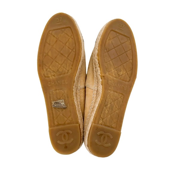Chanel Beige Pearl Studded CC Logo Two Tone Black Cap Toe Suede Espadrilles 37 - Picture 9 of 11